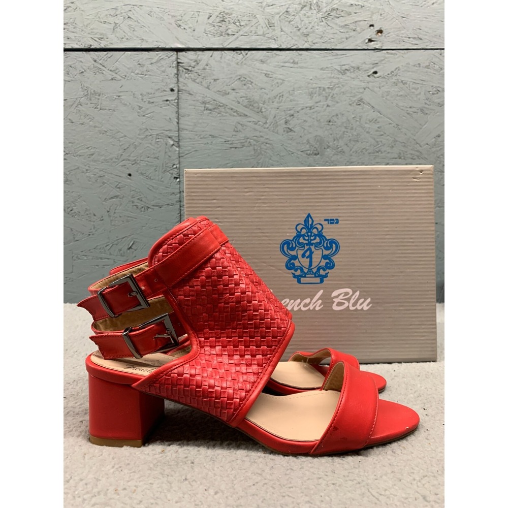 French Blu Anita Sandals Women’s‎ 40 US 9 Red Block Heel Woven Strap Buckle